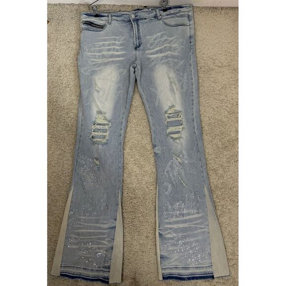 Rockstar Original Distressed Raw Hem Light Wash‎ Bling Flare Jeans RSM 205 Sz 42 - Picture 1 of 12